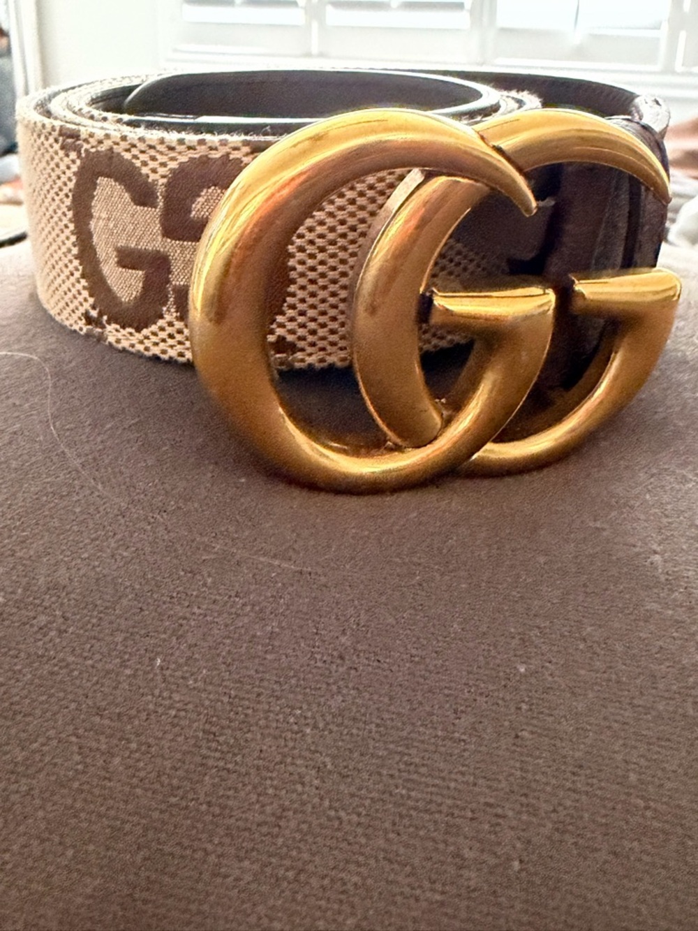 Gucci Beige and Brown GG Canvas Belt with Gold Double G Buckle